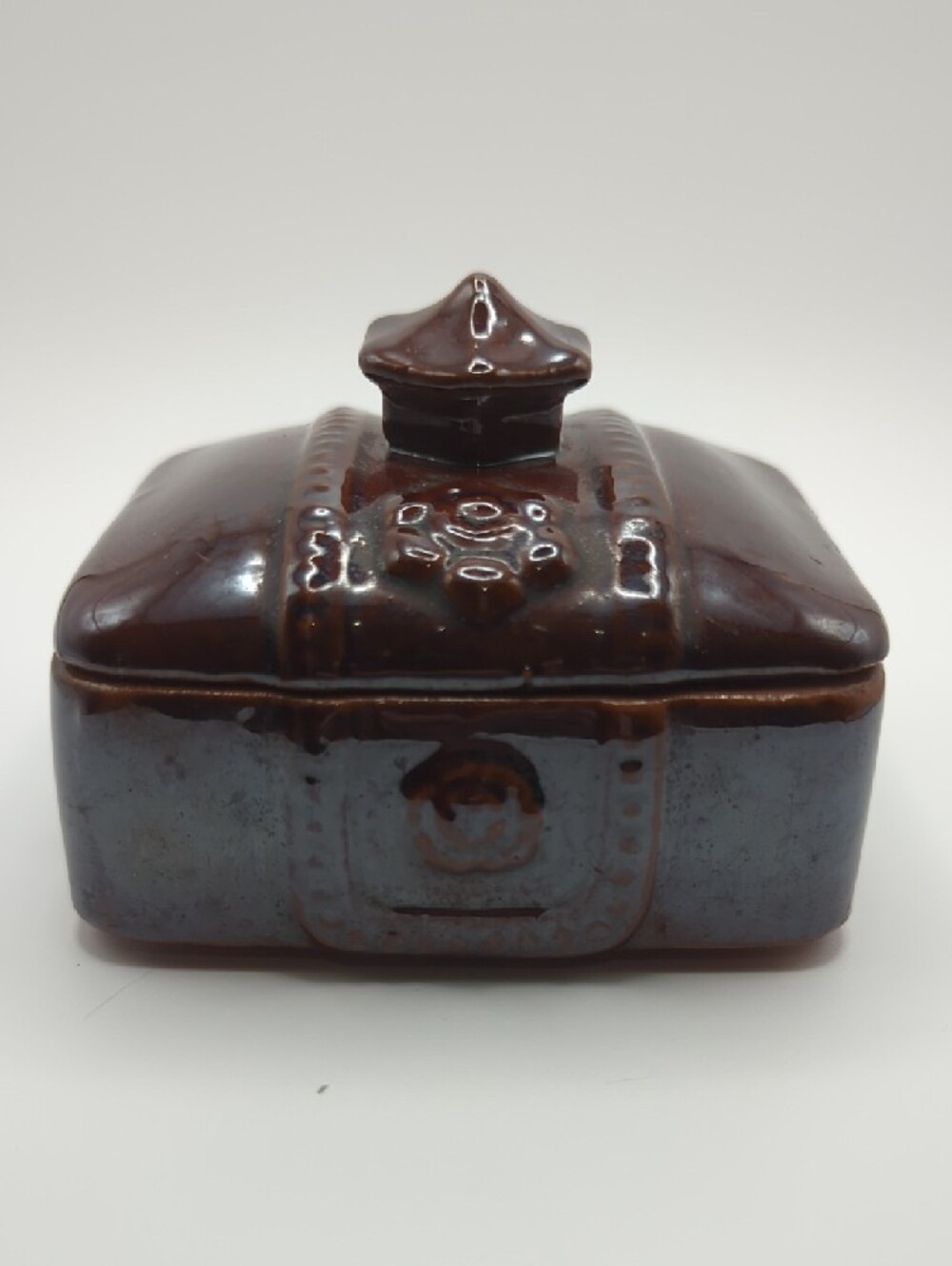 Vintage Redware  Floral Small Trinket Box in Brown Japan
